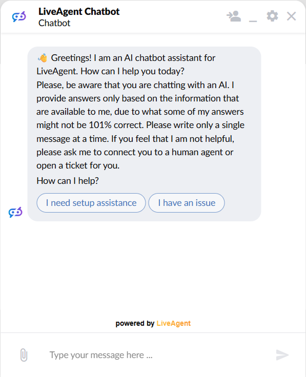 Okno klepeta LiveAgent s pozdravom AI klepetalnega robota in dvema klikljivima gumboma za odgovor za pomoč pri namestitvi in prijavo težave