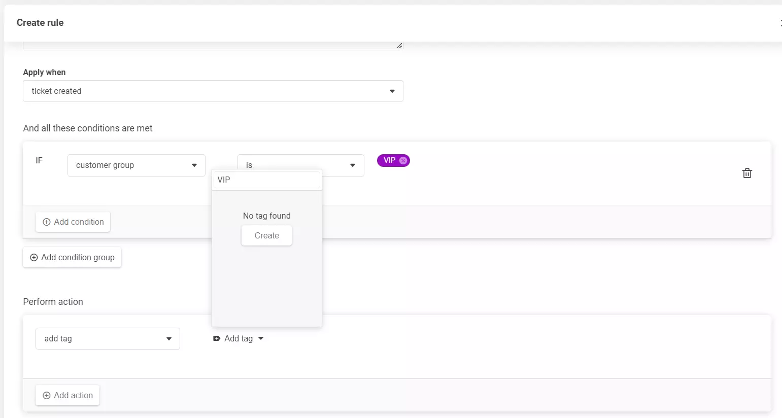 Posnetek zaslona razdelka ustvarjanja pravila, ki prikazuje, kako dodati novo oznako.