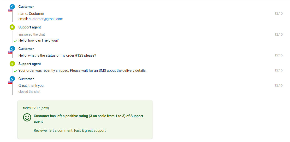 Slika prikazuje interakcijo med stranko in agentom za podporo, kjer agent vidi oceno na koncu sporočila