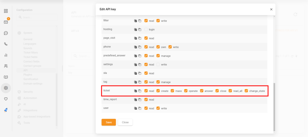 Razdelek Uredi ključ API v LiveAgent, ki prikazuje nova dovoljenja 'close' in 'change_state'