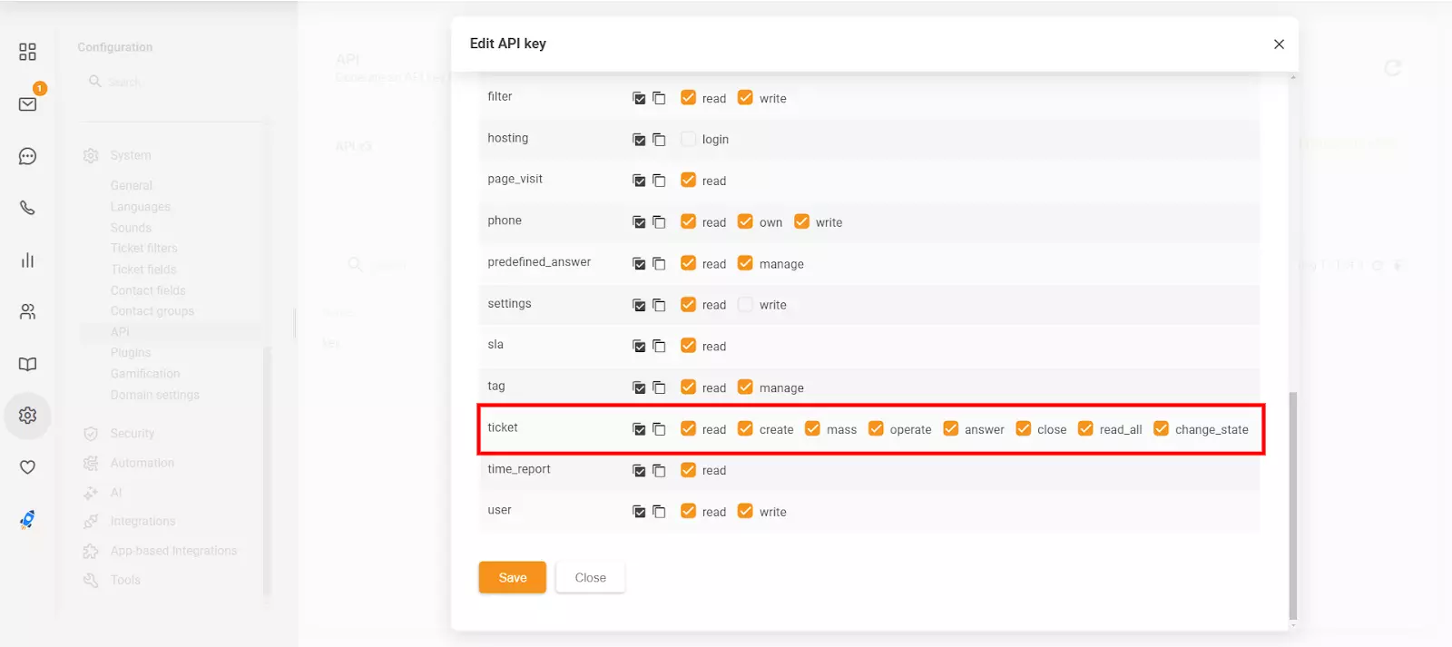 Razdelek Uredi ključ API v LiveAgent-u, ki prikazuje nova dovoljenja 'close' in 'change_state'