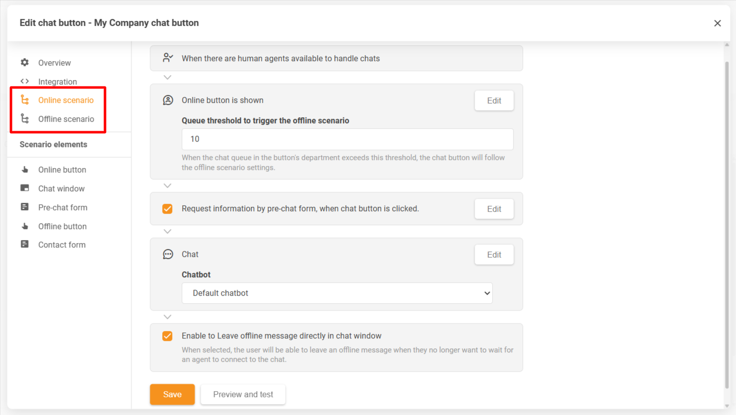 Okno za konfiguriranje gumba za klepet LiveAgent, ki prikazuje scenarije, ko je na spletu in ko je brez povezave