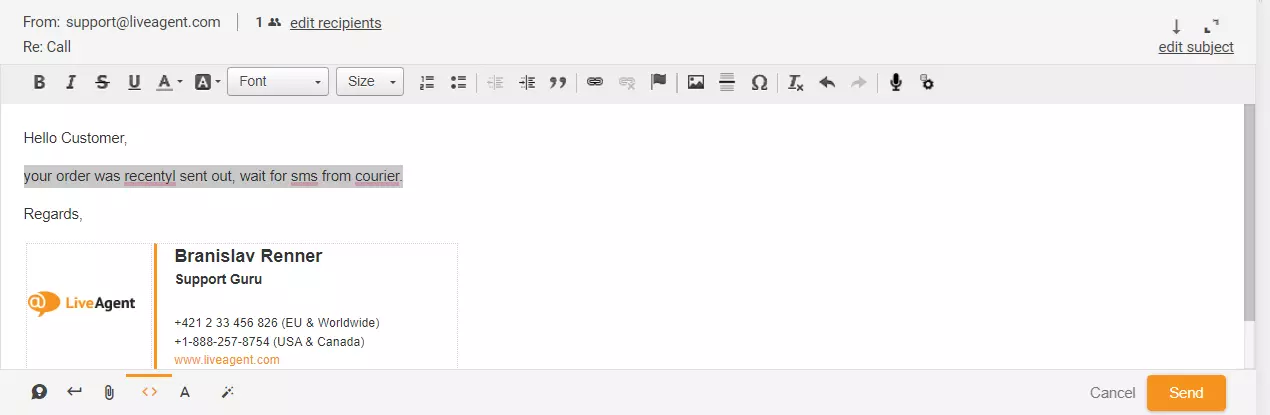Slika, ki prikazuje označen odgovor na vstopnico v LiveAgent