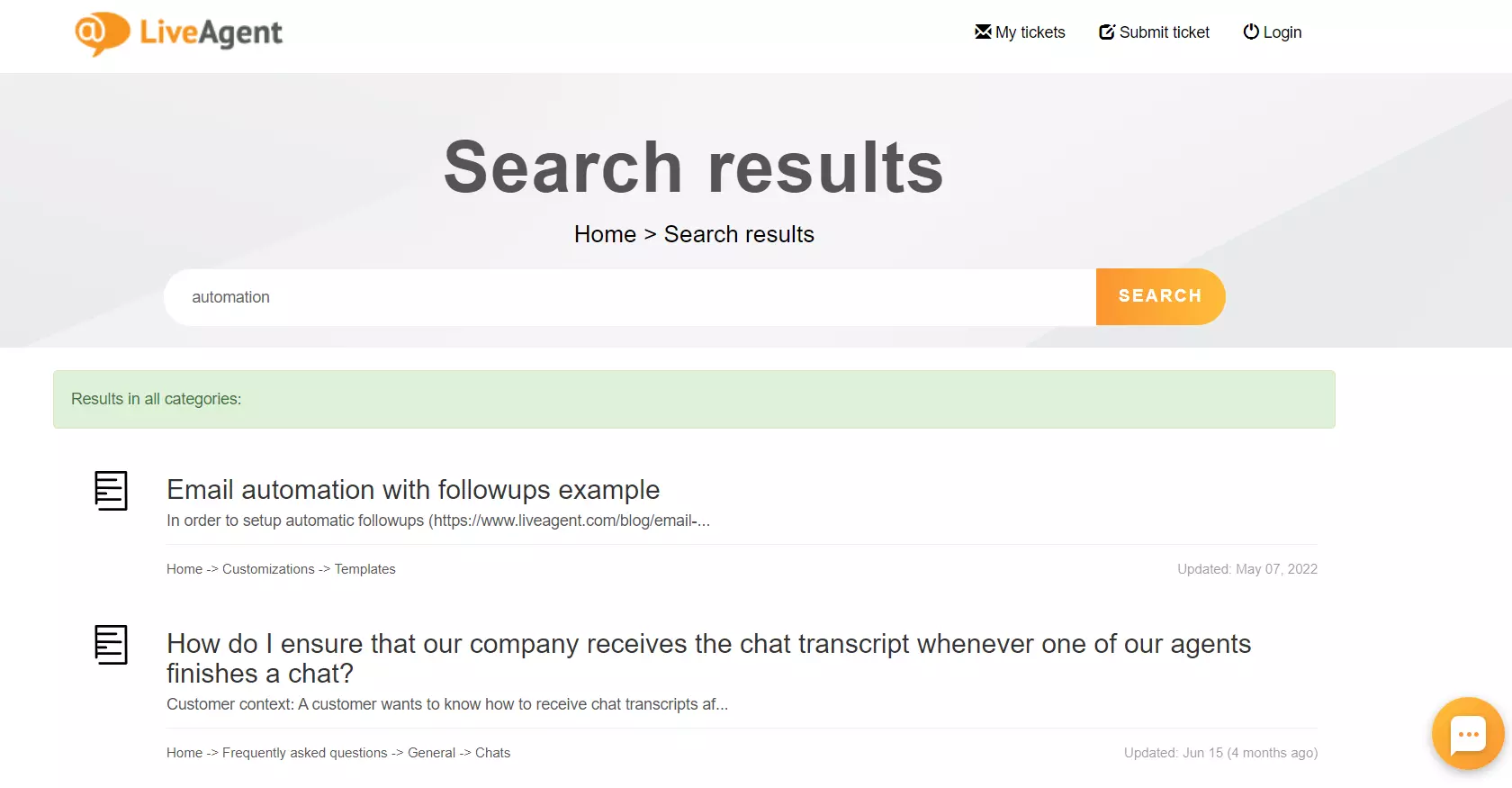 Iskalna funkcija baze znanja LiveAgent