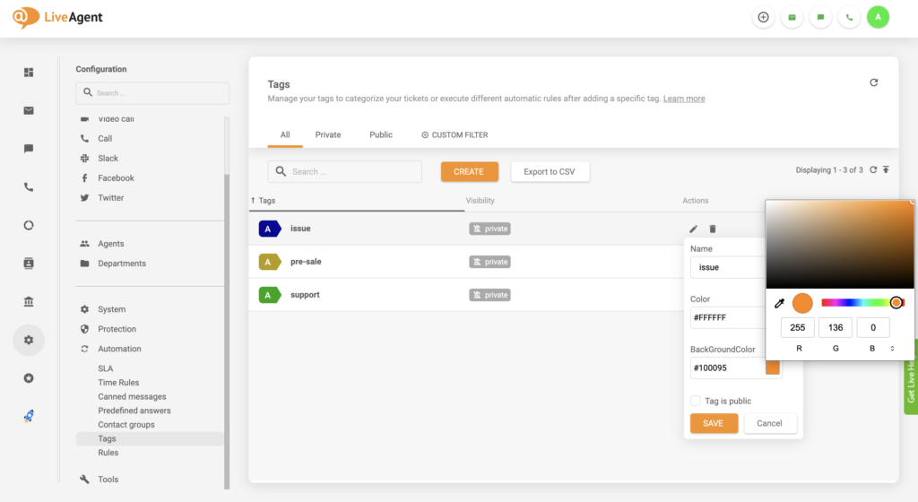 Posodobitev nastavitve spremembe barve oznake v LiveAgent
