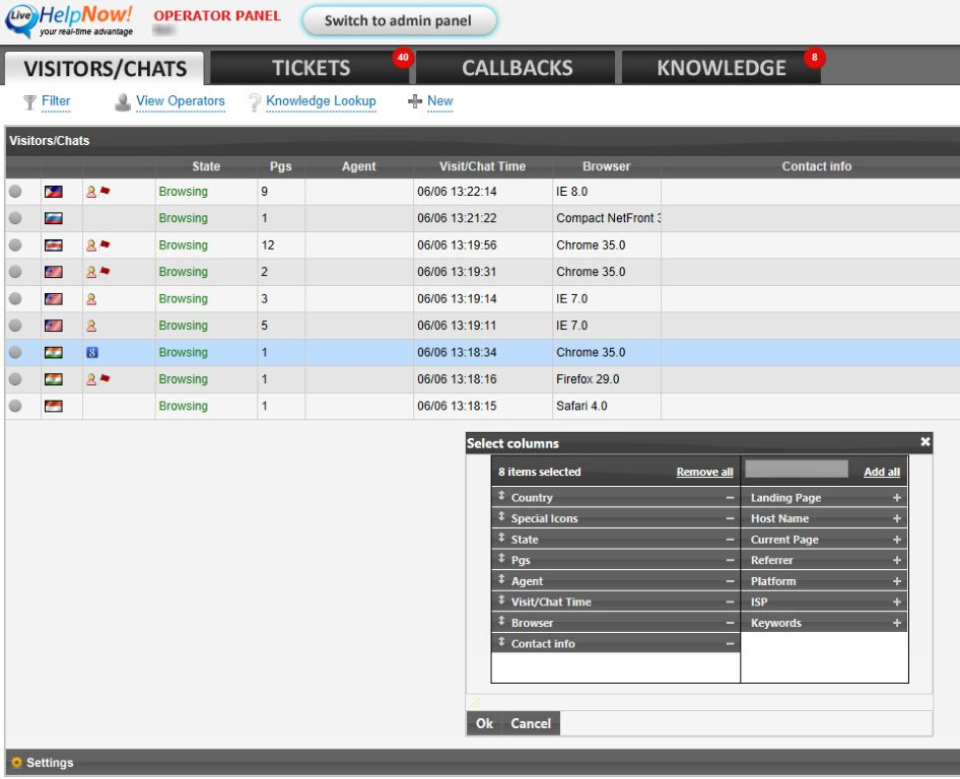 LiveHelpNow nadzorna plošča chata