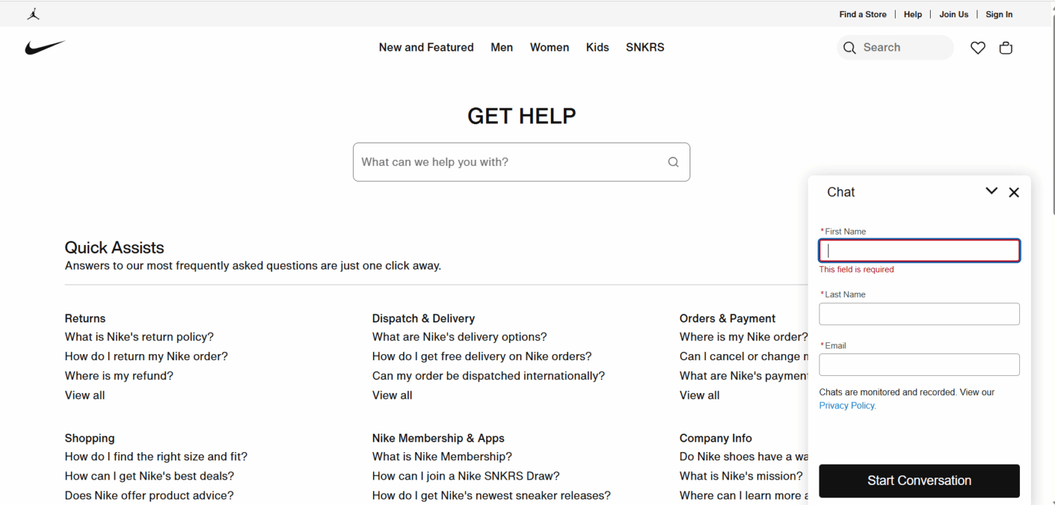 AI Chatbot na spletni strani Nike