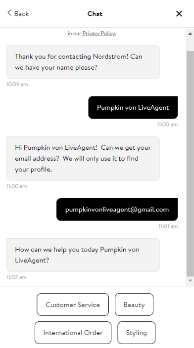 Funkcionalnost chatbota Nordstrom