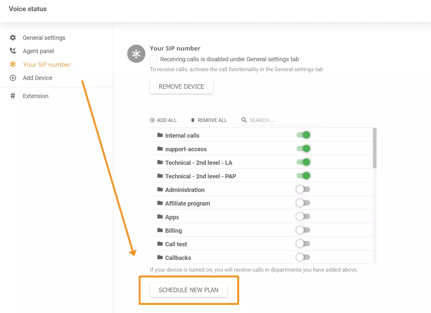 Slika, ki prikazuje, kje najti novo funkcijo razporejevalnika telefonov v LiveAgent