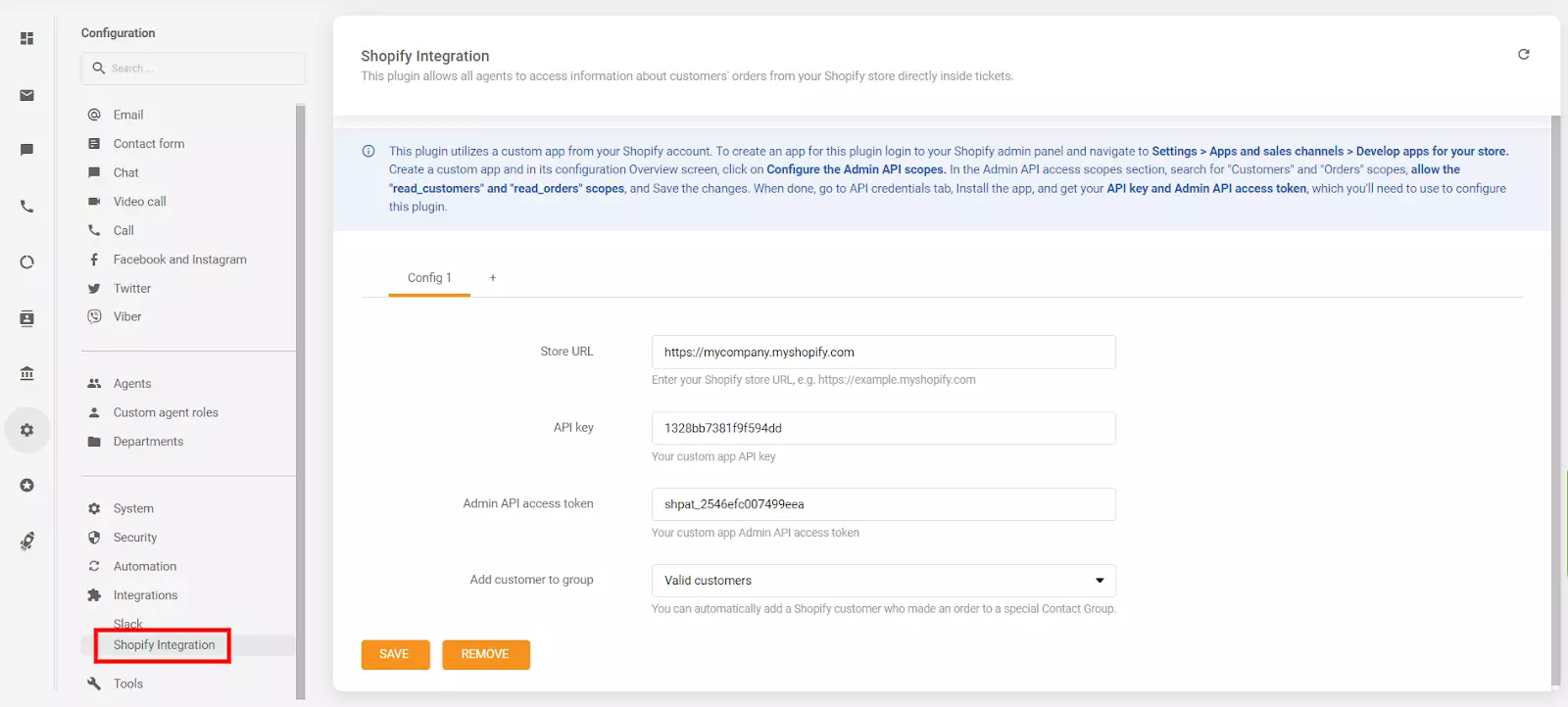 Vstavljanje API ključa in dostopnega žetona API v razdelek konfiguracije LiveAgent