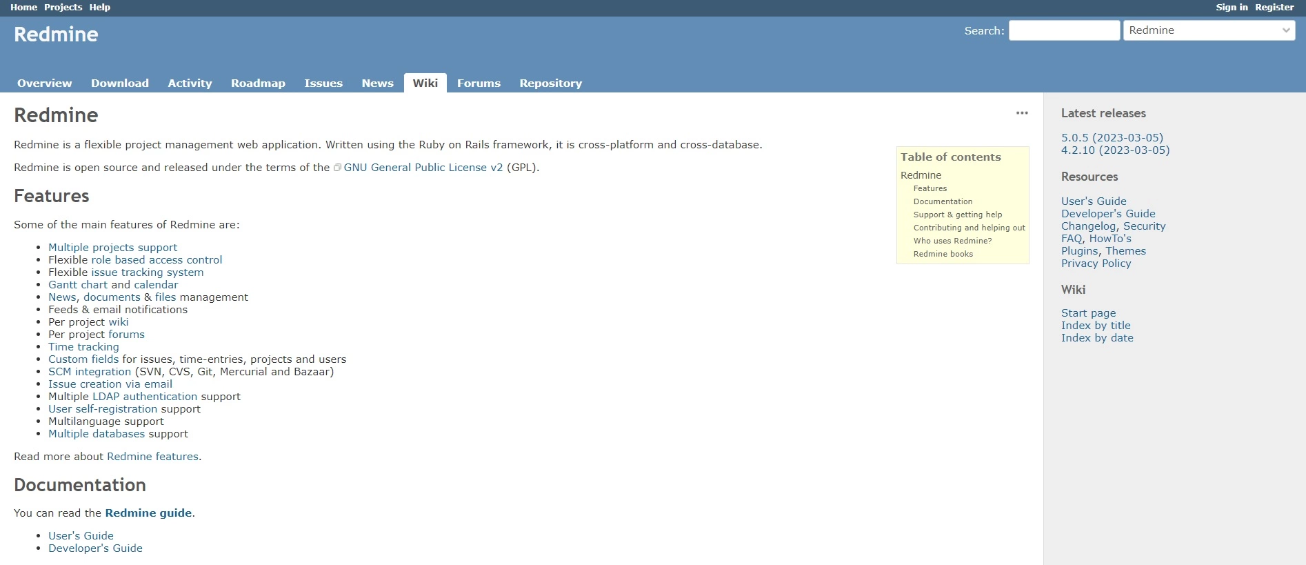 Domača stran Redmine - odprtokodna platforma, ki vam pomaga avtomatizirati procese in pomagati pri načrtovanju nalog, da izboljšate učinkovitost v vašem podjetju.