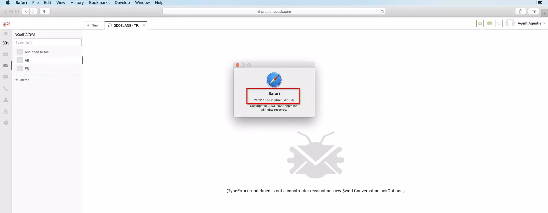LiveAgent v brskalniku Safari po posodobitvi