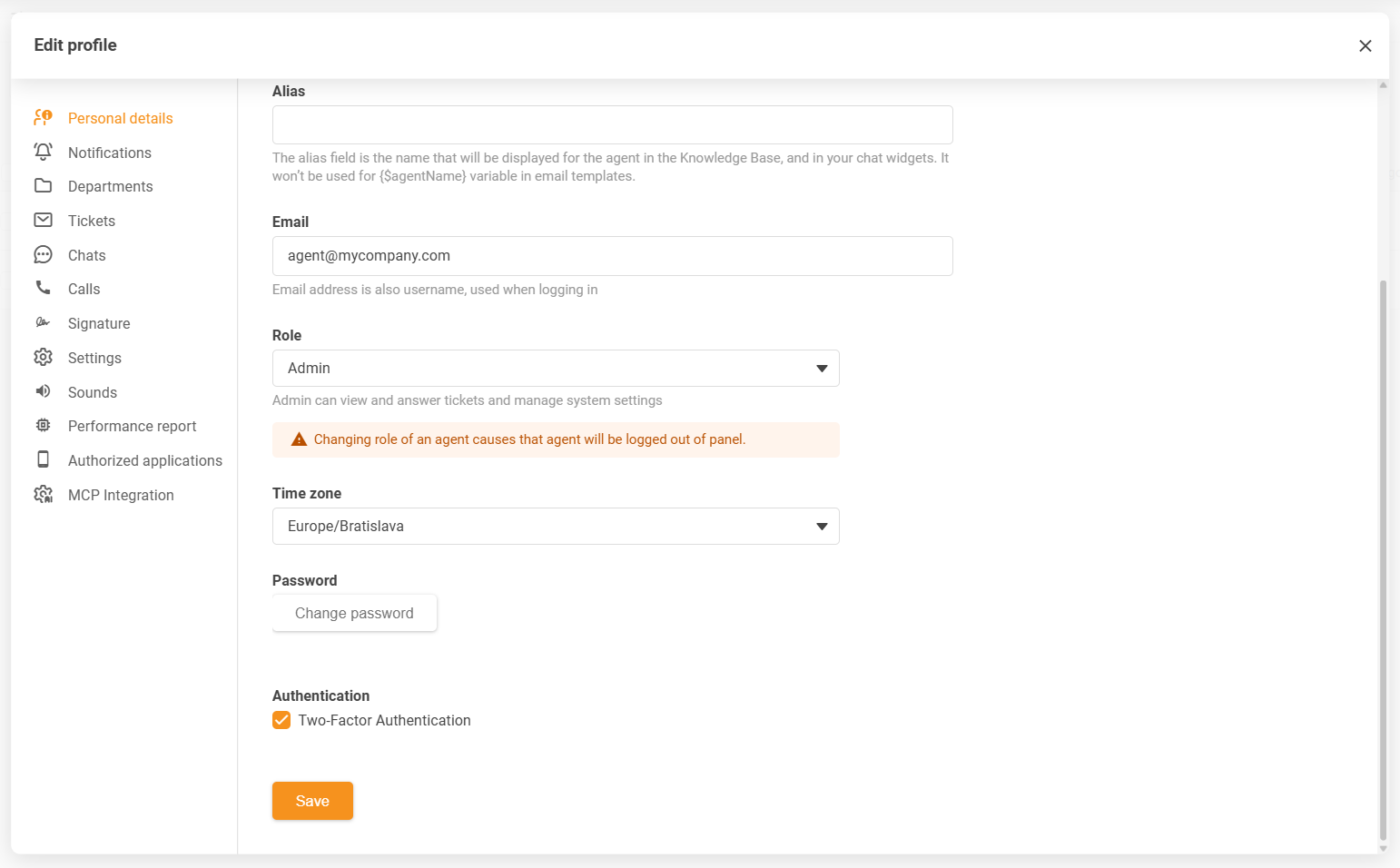 Nastavitve časovnega pasu profila agenta LiveAgent