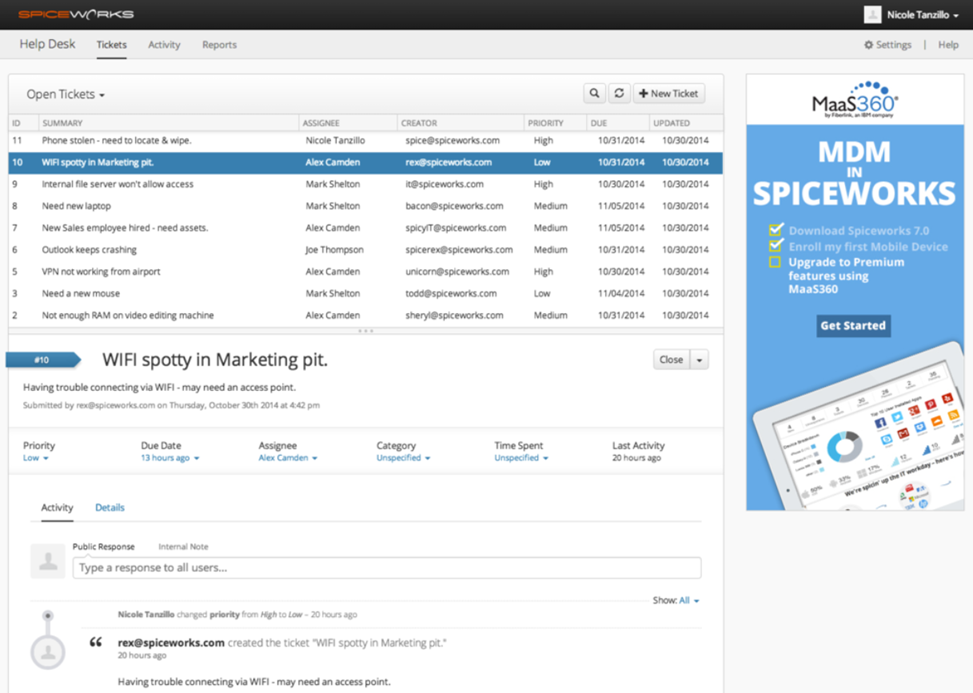 Spiceworks Cloud Help Desk brezplačen paket – čakalna vrsta zahtevkov s stolpci stanja in dodeljene osebe