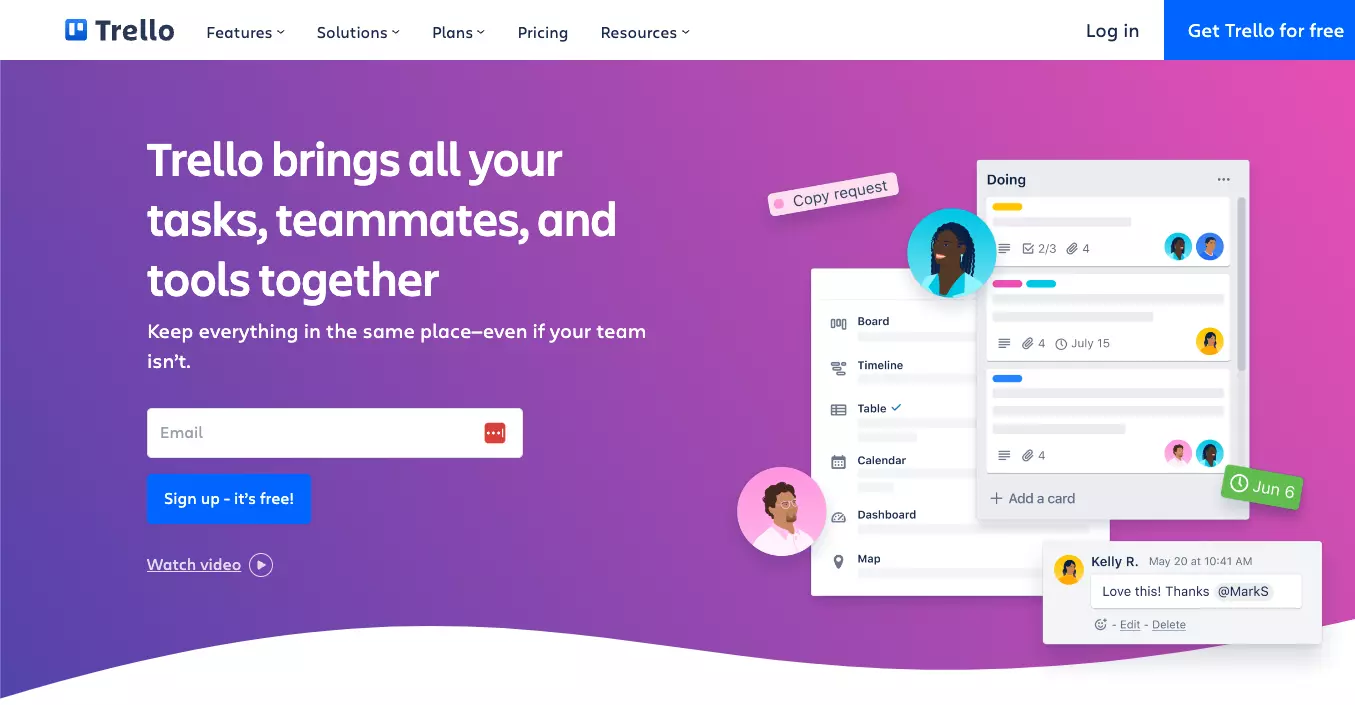 Domača stran Trella - ohranite svoje delo organizirano in sledite posameznim nalogam z ene platforme.