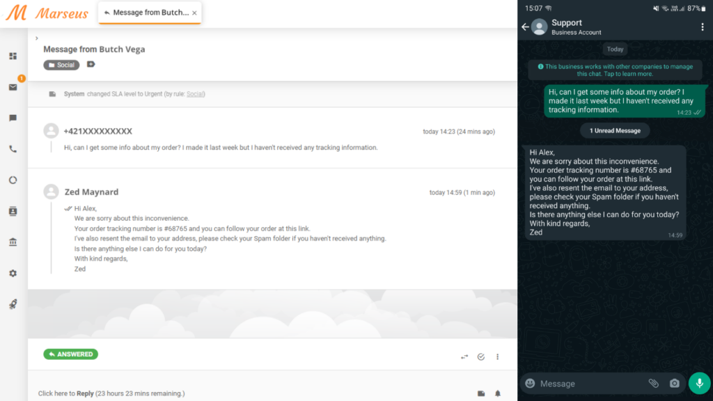 Sporočilo WhatsApp prikazano kot vozovnica v LiveAgent