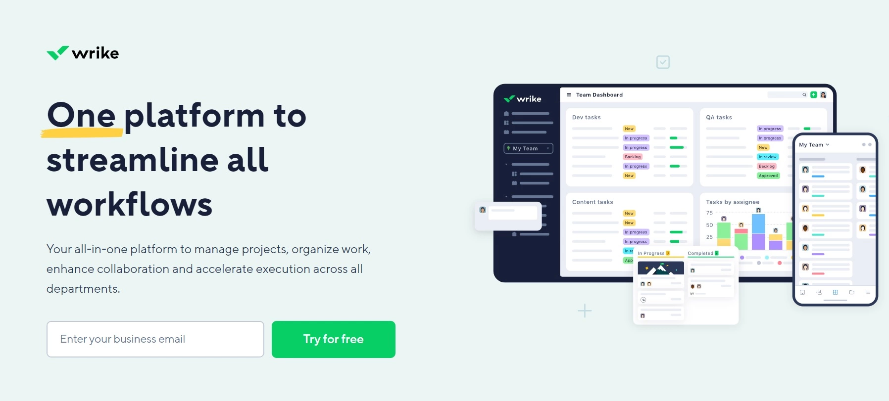 Domača stran Wrike - celovita platforma za upravljanje projektov, organizacijo dela in izboljšanje sodelovanja v oddelkih.
