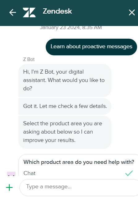 Slika prikazuje, kako klepet v živo Zendesk izgleda