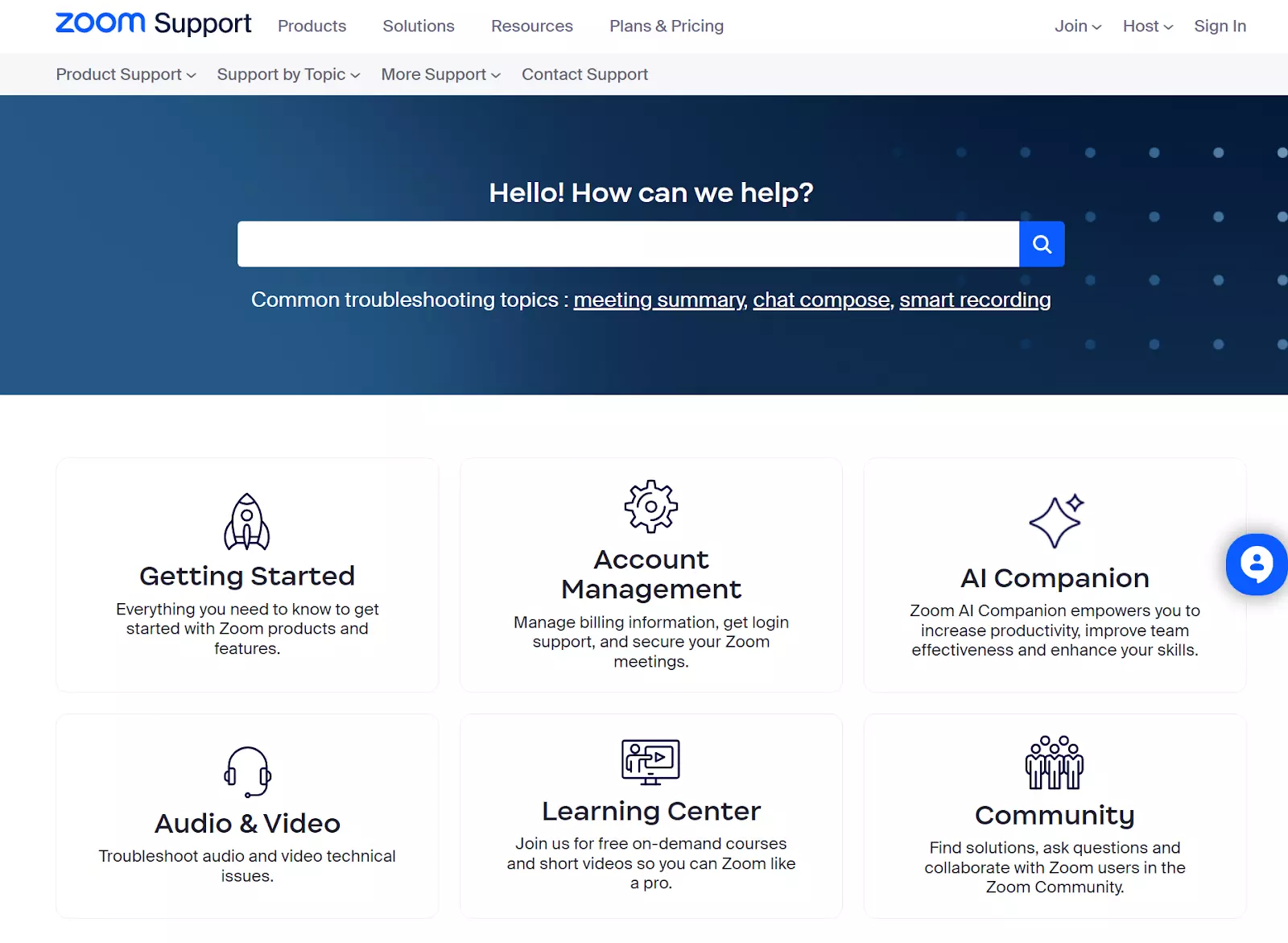 Stran baze znanja Zoom