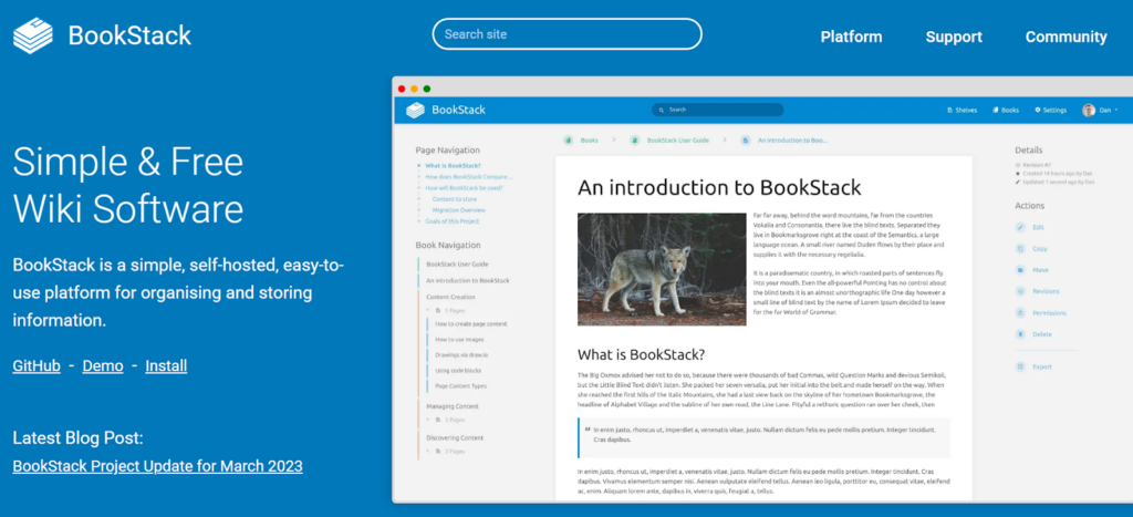 BookStack software's clear and engaging homepage display
