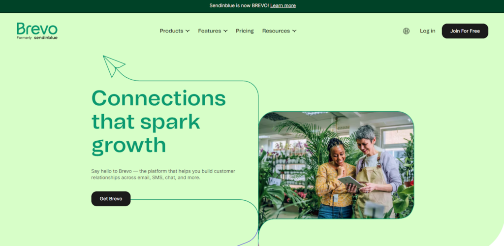 Domača stran Brevo, programska oprema za upravljanje e-pošte z marketinškimi funkcijami