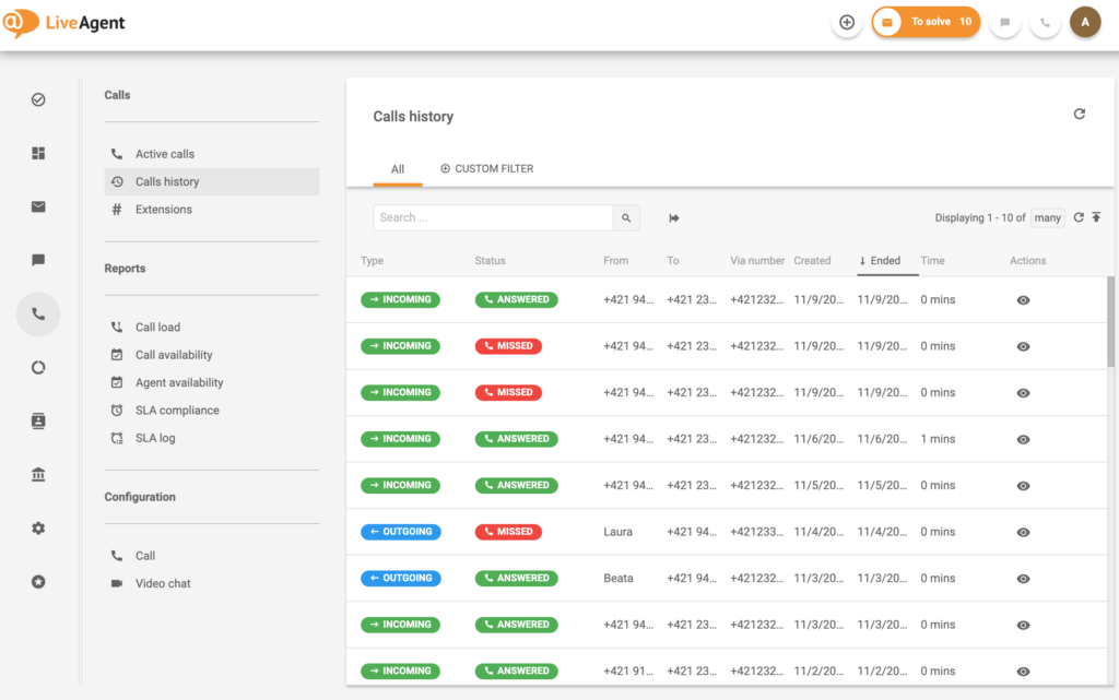 Upravljanje klicnega centra - zgodovina klicev