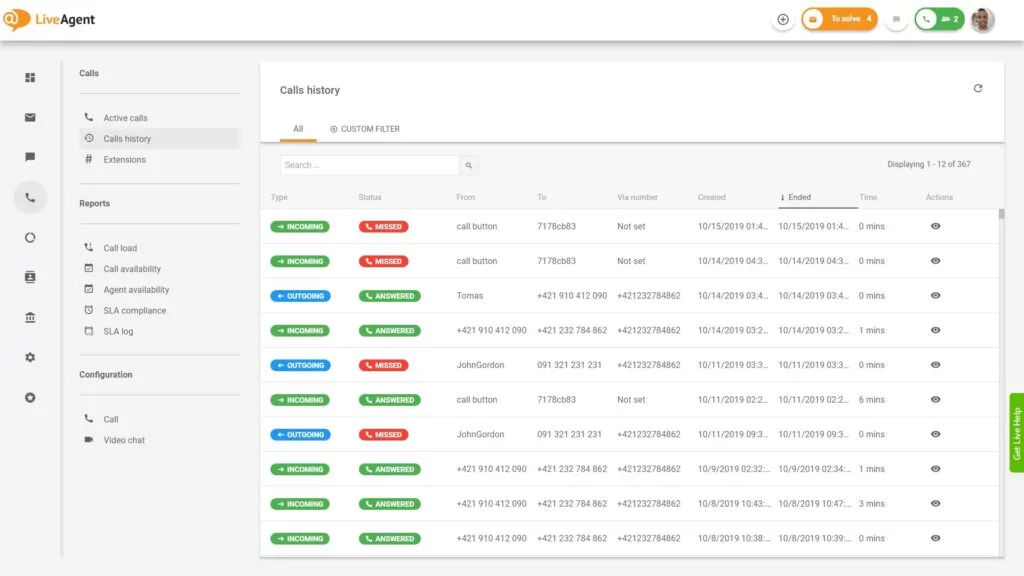 Pregled vmesnika call centra v LiveAgent.