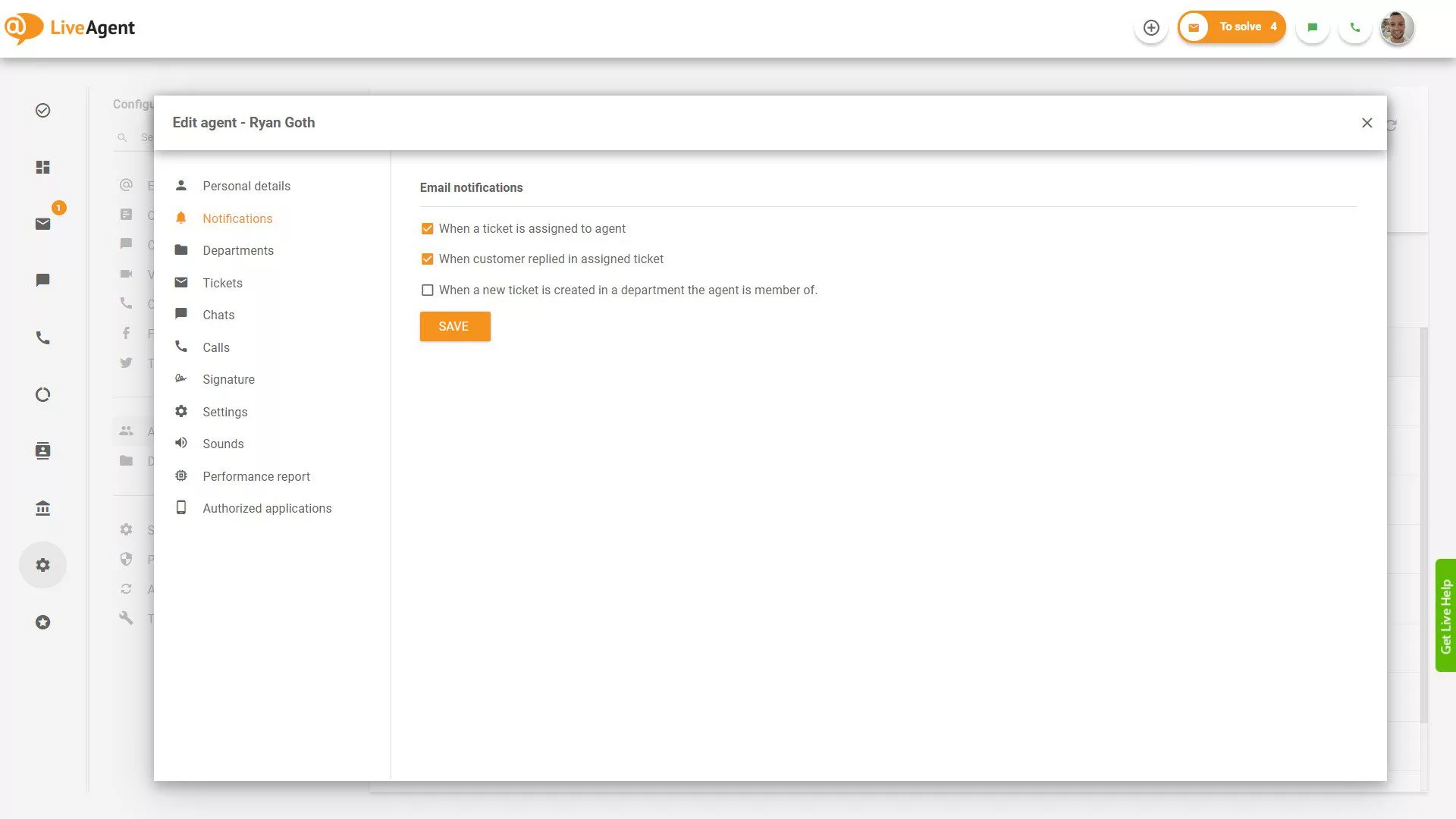 Nastavitve obvestil e-pošte LiveAgent