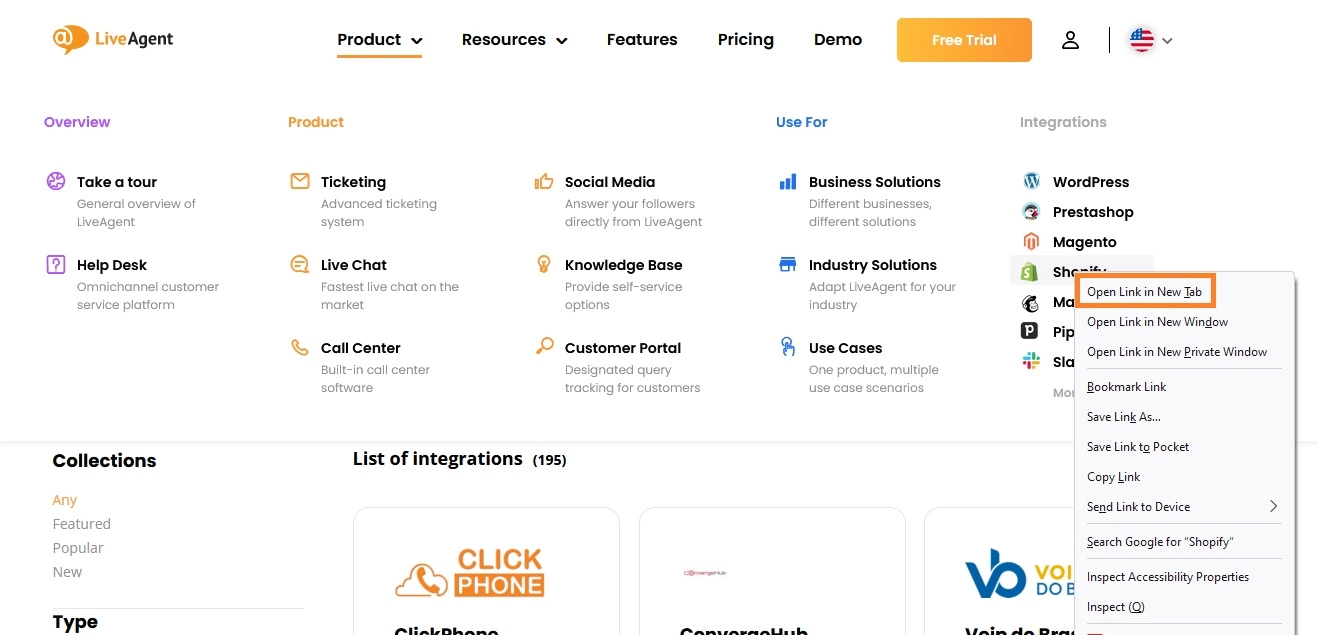Primer novega zavihka na strani LiveAgent