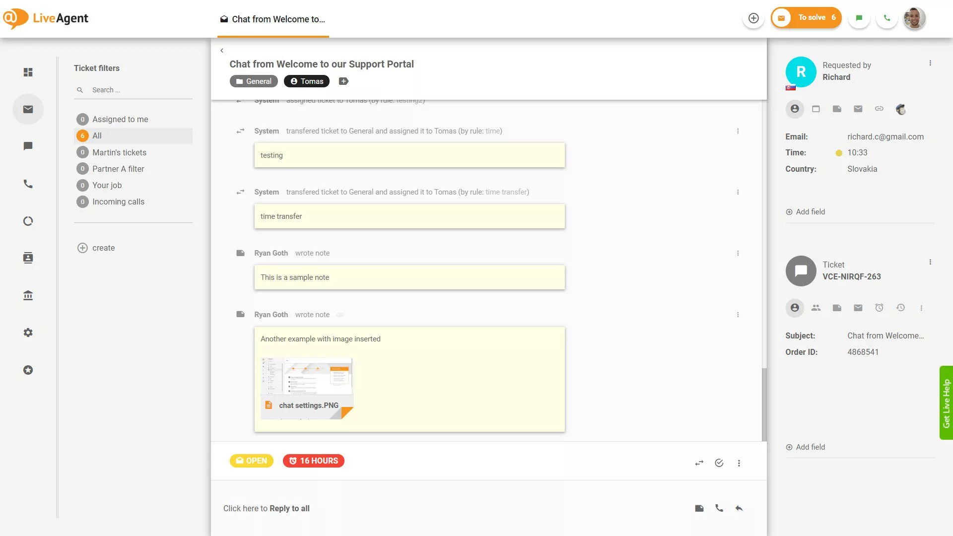 Opombe v vozovnici v LiveAgent-u