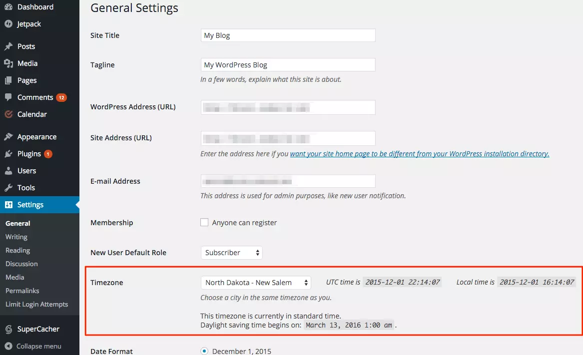 Nastavitve časovnega pasu WordPress
