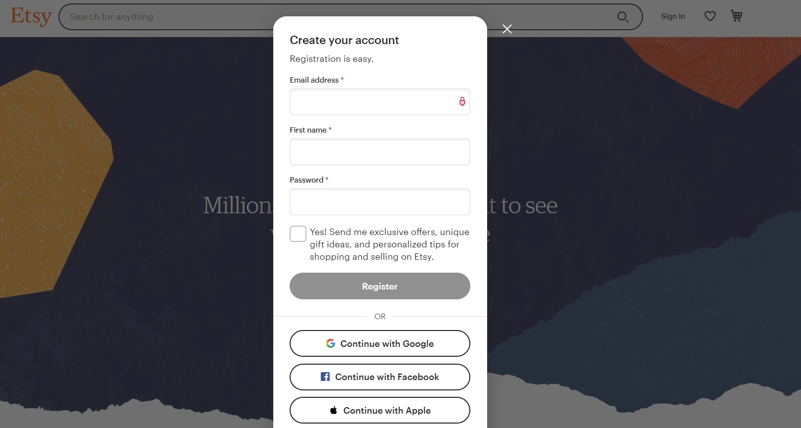 Registracija trgovine Etsy