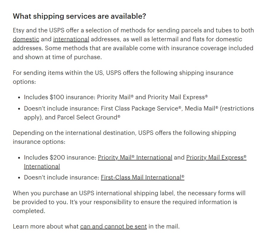 Razpoložljive storitve pošiljanja Etsy