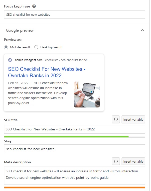 LiveAgent - primer ključne besede, SEO naslova in meta opisa