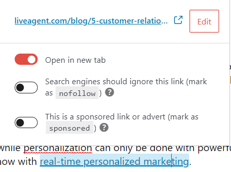 Primer notranje povezave Liveagent