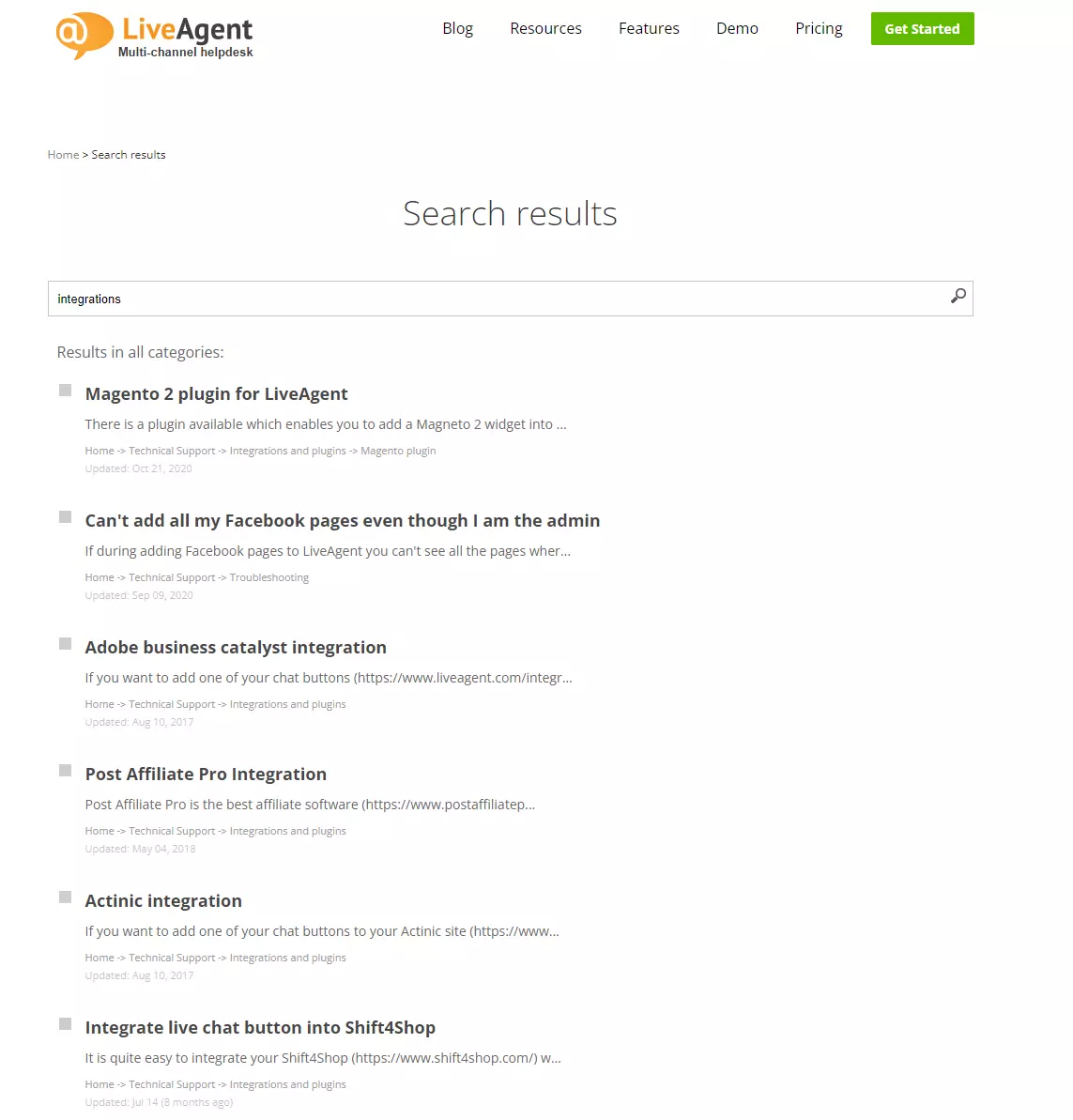 Podporni portal LiveAgent - integracije