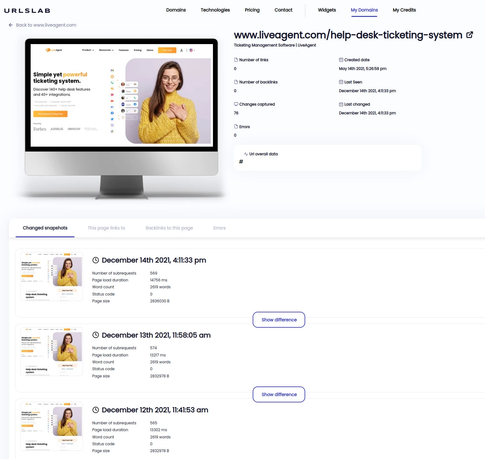 Get a screenshot of each page on your website daily
