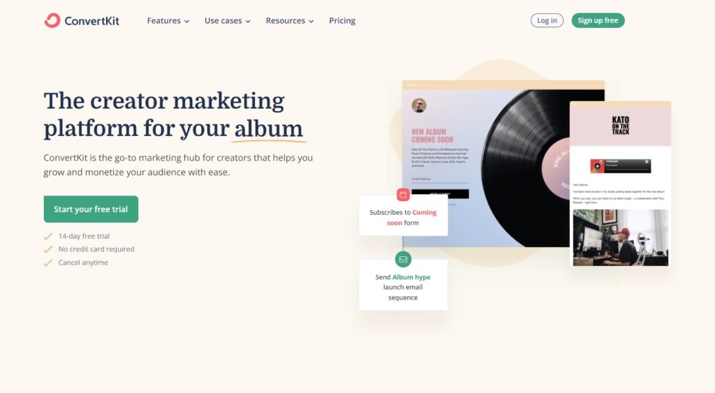 Domača stran ConvertKit, programska oprema za upravljanje e-pošte za ustvarjalce
