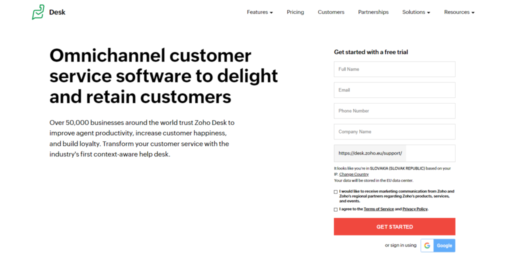 Domača stran Zoho Desk