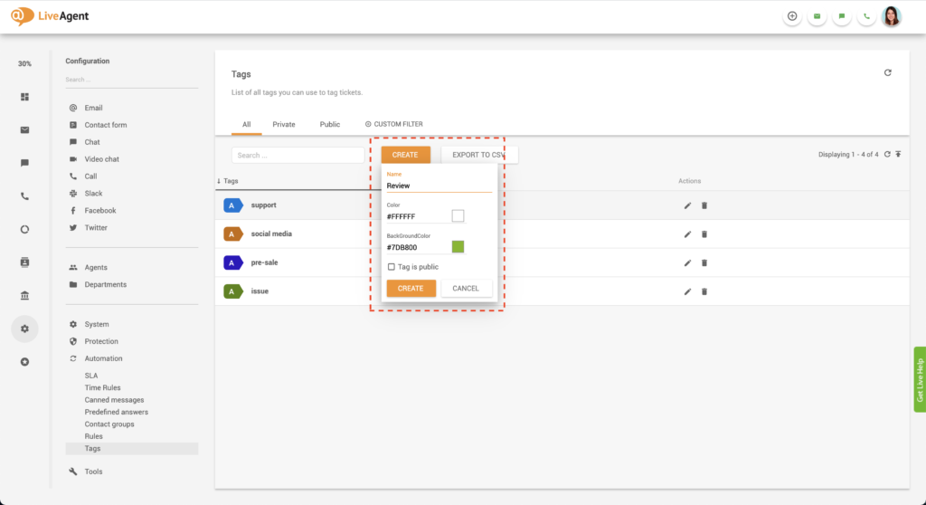Ustvarjanje prilagojenih oznak v LiveAgent