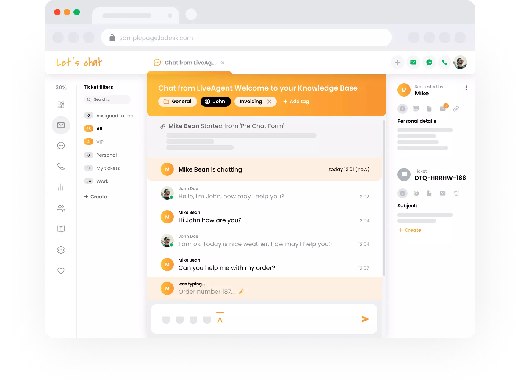 Predogled tipkanja v realnem času LiveAgent