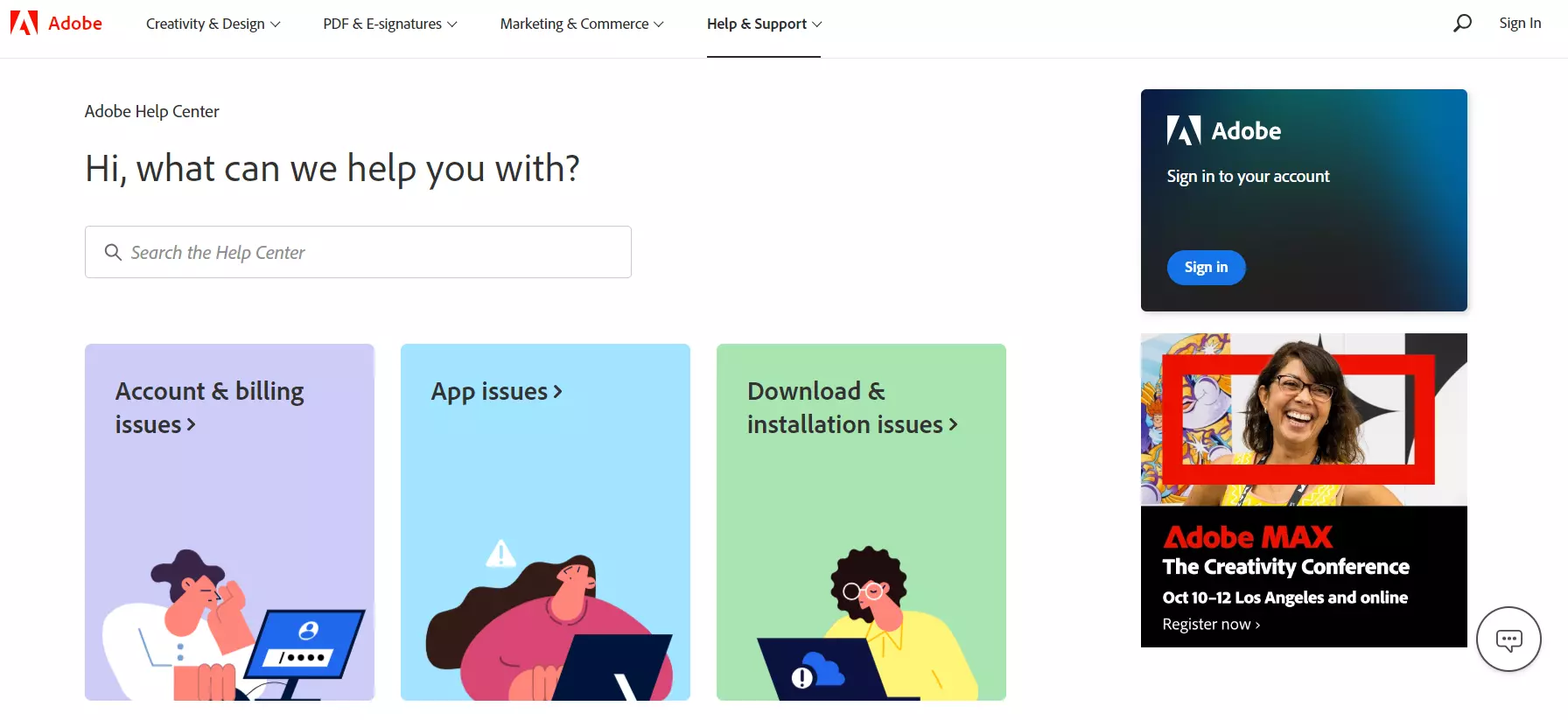 Stran pristopa baze znanja Adobe, ki prikazuje njihov sistem upravljanja znanja.