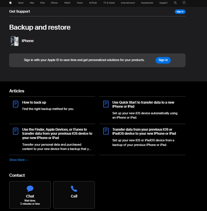 Stran podpore Apple, ki prikazuje njihove možnosti podpore