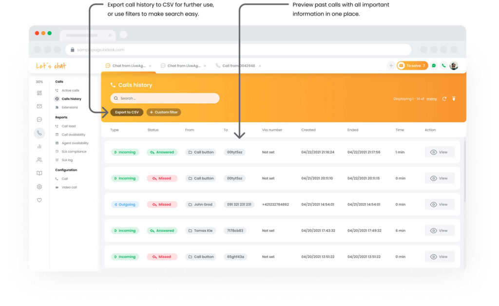 Zgodovina klicev call centra v LiveAgent