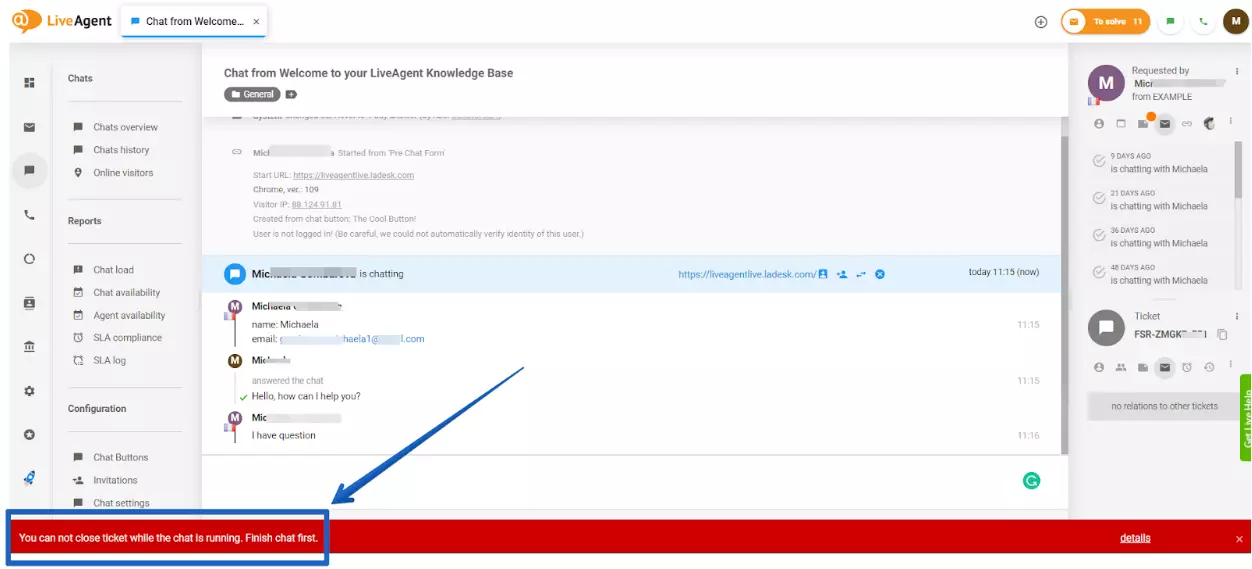 LiveAgent - opozorilo o nerešenem klepetu