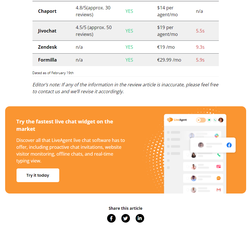 LiveAgentov CTA na koncu vsebine
