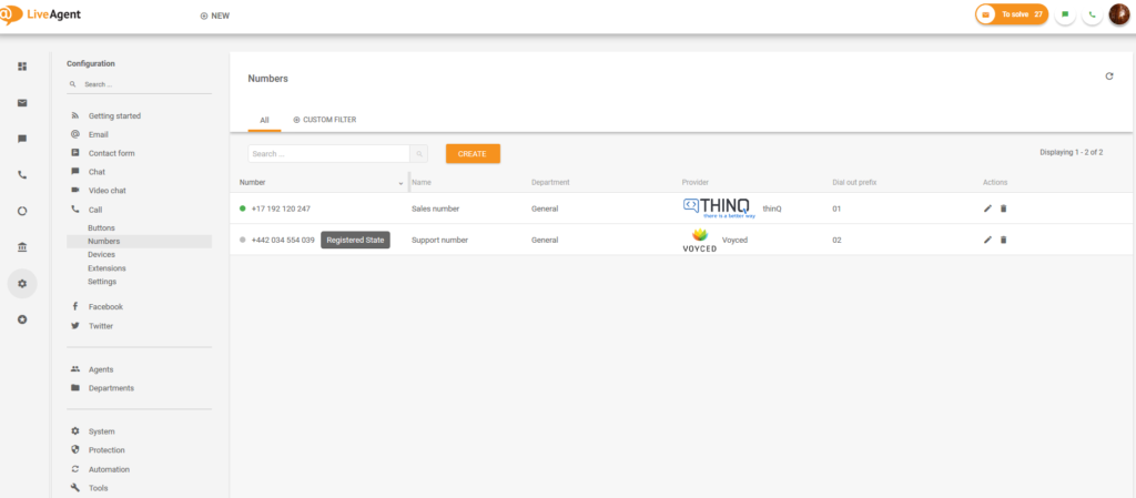 Nastavitev številk LiveAgent