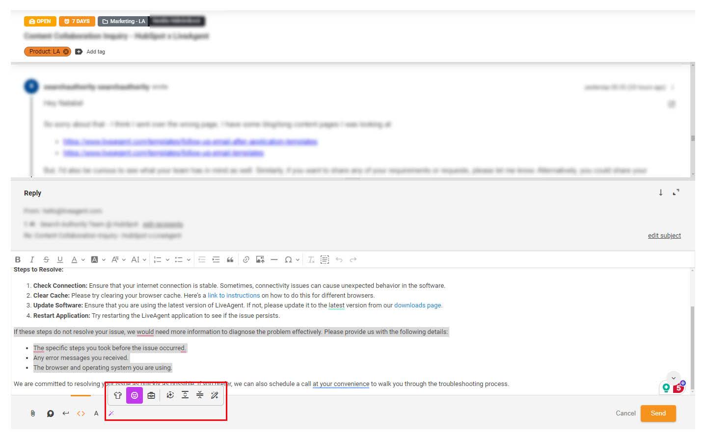 Slika poudarjene funkcije AI Assistant v vstopnici za podporo
