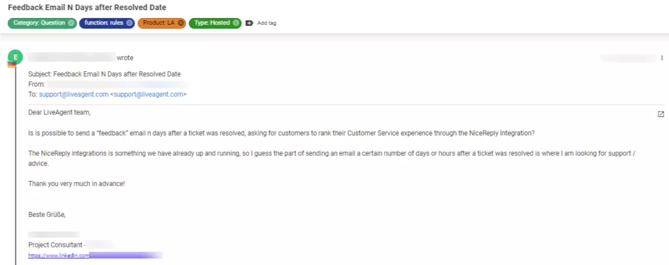 Posnetek zaslona vstopnice, ki prikazuje težavo stranke, ki se šteje za nizko prioriteto.