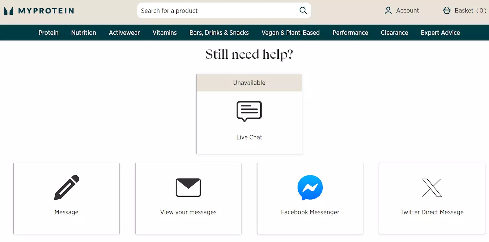 Stran podpore MyProtein s komunikacijskimi kanali
